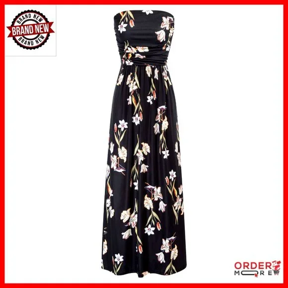 Strapless Maxi Dress Ruched Loose Fit Elegant Formal Party Wear with Pockets - Picture 1 of 6